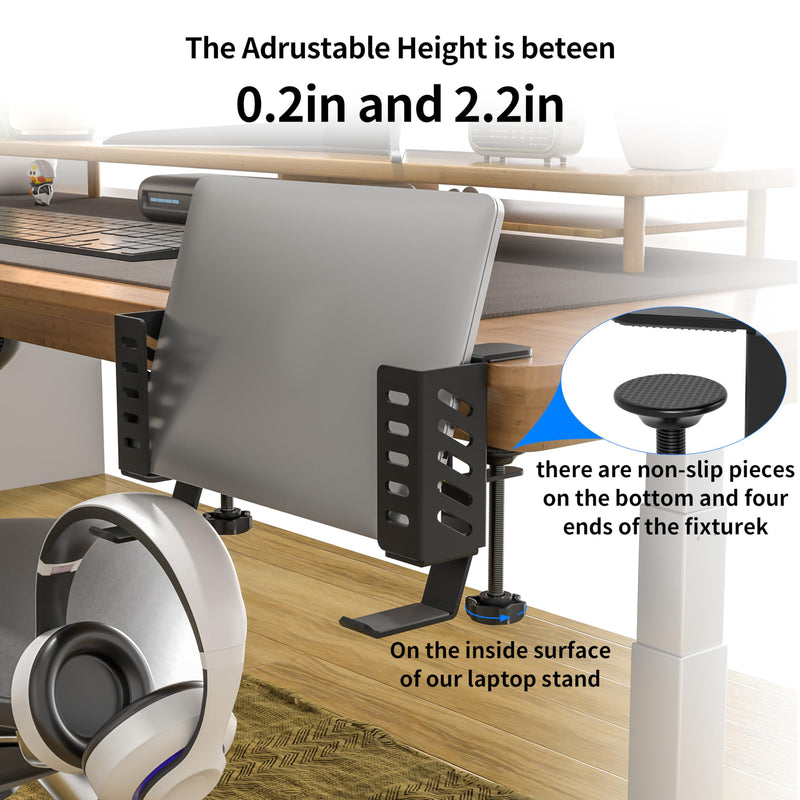 Adjustable Desk Side Laptop Holder with Headphone Stand - No Drill Clamp Organizer for Laptops, Tablets, Keyboards (Black) - Sturdy Steel & Silicone Pad Protection Black
