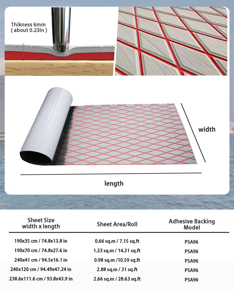 KXKZREN EVA Foam Boat Flooring Decking Sheet 6mm Thick Diamond Anti-Slip Marine Flooring Mat Self Adhesive Deck Pad for Bass Boat Yacht Motorboat RV Cooler Tops,47.2" x 94.5" / 27.6"x74.8" Grey With Red Diamond Seam Lines 94.5 x 16 inch , 10.59 sq.ft