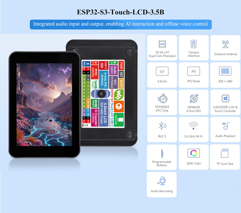 ESP32-S3 3.5inch Capacitive Touch Display Development Board, 320×480 IPS, QSPI I2C Interface, Wi-Fi&BLE 5, ESP32 with Display, Supports AI Speech Interaction and Offline Voice Control, with Speaker