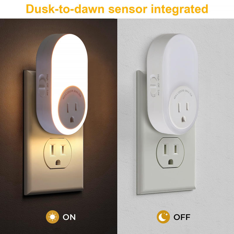 Dawnrise Night Lights Plug Into Wall,Dusk to Dawn Sensor Night Light with Power Outlet,CCT 2200K/4000K,5/20LM Adjustable Brightness for Bedroom,Kitchen,Living Room,Office (4 PK) 4 PK