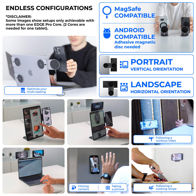 Rolling Square Edge Pro Core - Magnetic Mount Phone Holder Stand for Computers and Tablets | Secure Metal Plate Adhesive or Standalone Mode Compatible with MagSafe, Qi, and Non-MagSafe Devices, Black