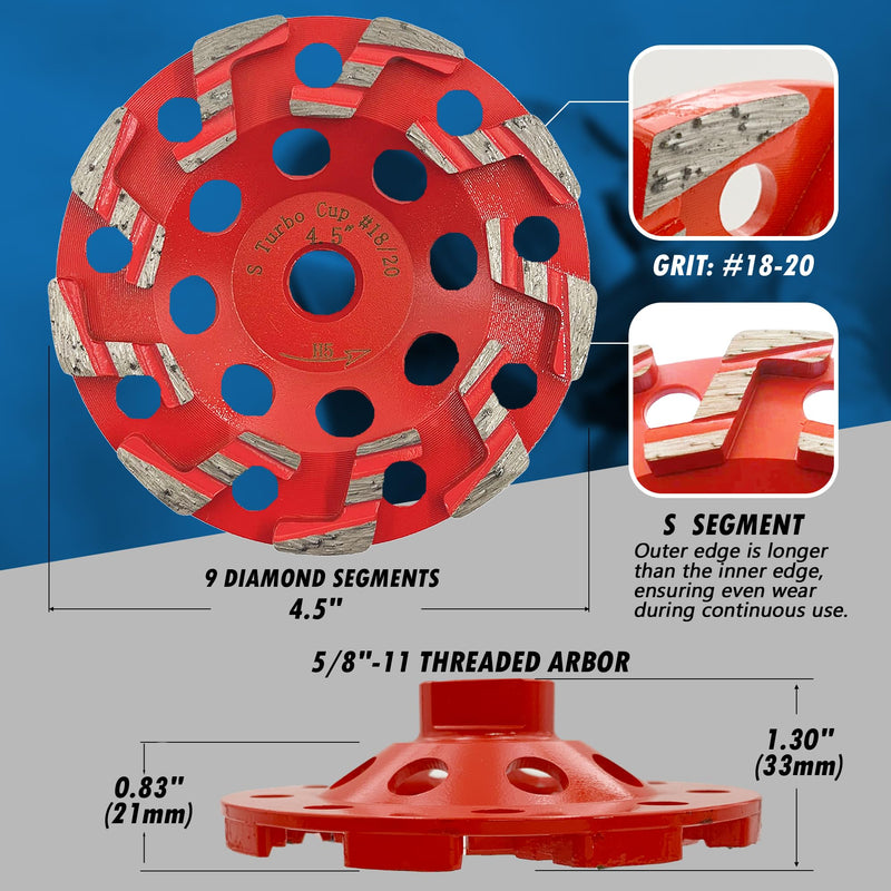 4.5" High Performance Diamond Grinding Wheels for Aggressive Concrete, Paint, Epoxy, Mastic, Coating Removal, #18/20 Grit, S Segments, 5/8"-11 Arbor 4.5" Diameter / S Segments 5/8"-11 Threaded Arbor