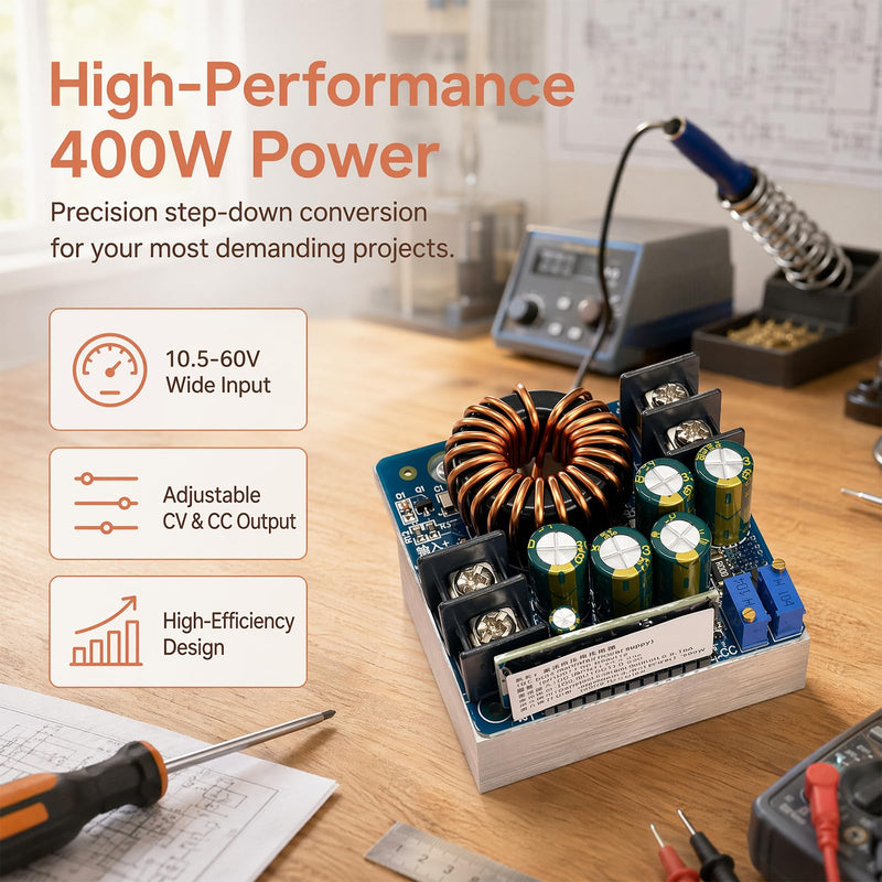 High Power Step Down Converter 400W: Operating and CC Display DC-DC Buck Converter, Voltage and Current Control Adjustable CV/CC Regulator, 0-45V Output Voltage, for Electronics