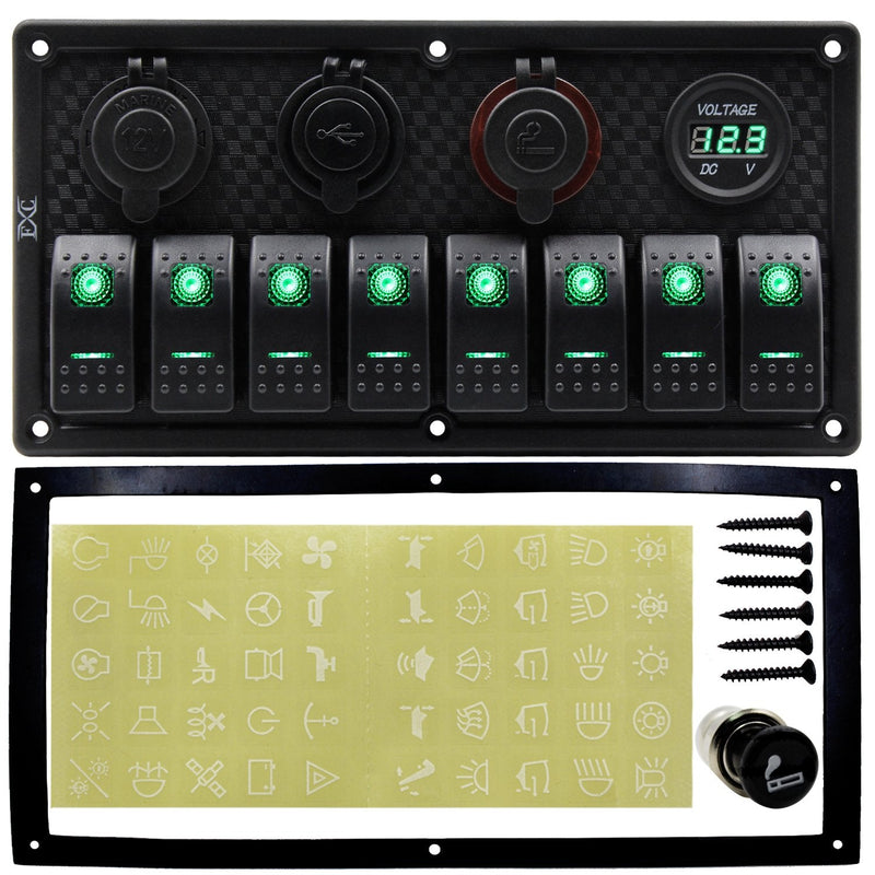 FXC Waterproof Marine Boat Rocker Switch Panel 8 Gang with Dual USB Slot Socket + Cigarette Lighter and Adapter + Digital Voltage Display LED Light for Car Rv Vehicles Truck (8 Gang Green Light)