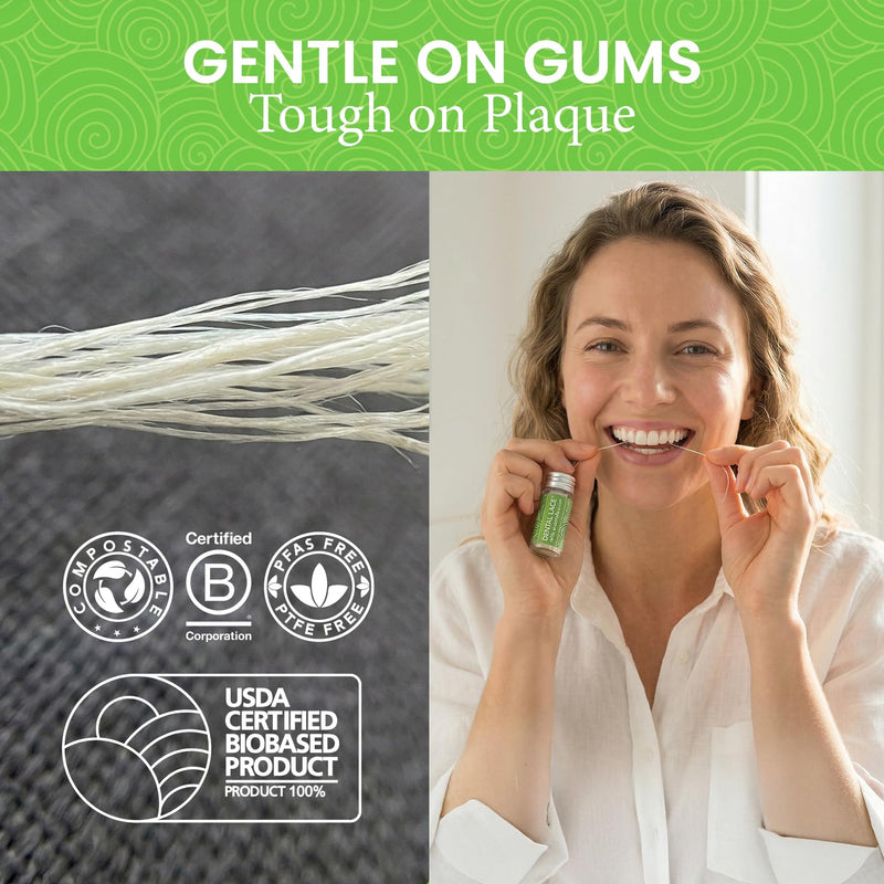 Dental Lace Refillable Silk Dental Floss - 100% Silk Floss with Mint Flavor, PFAS & PTFE Free - Includes 2 Refillable Wave Glass Floss Container and 4 Spools (Total 120 Yards) - Recyclable Packaging Green (Pack of 2)