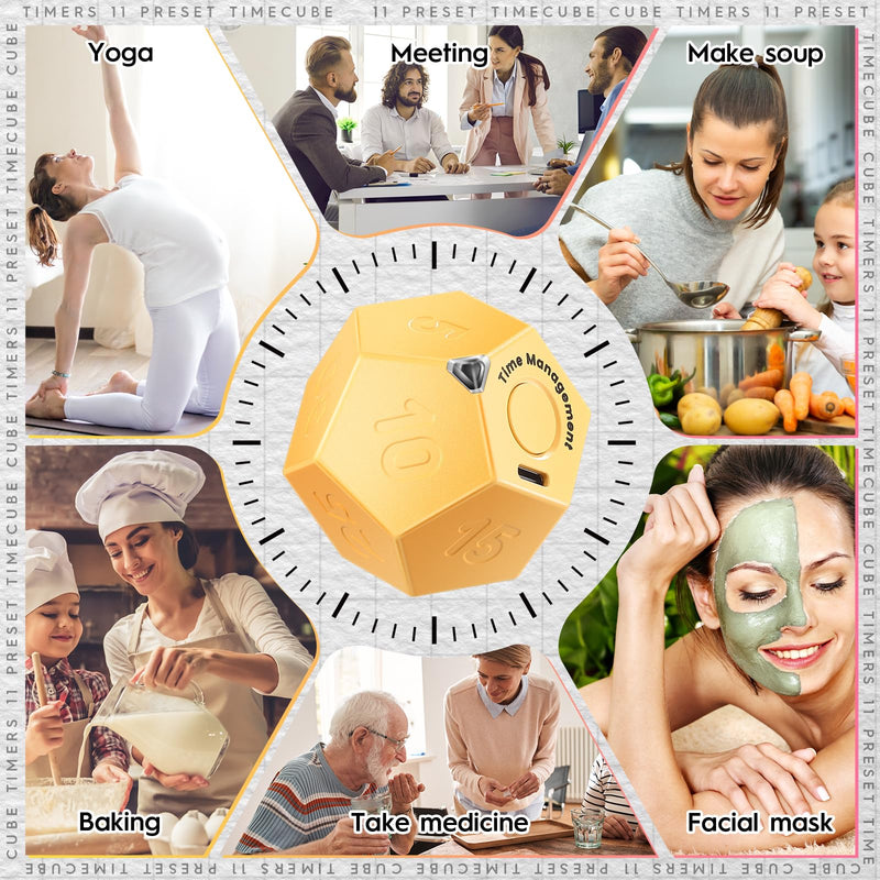 Konohan 2 Pcs Cube Timer Rechargeable Mini Pomodoro Timer 11 Preset Time Desk Productivity with Sound Vibrate Light Alarm Flip for Time Management ADHD Workout Study Cooking, White and Yellow