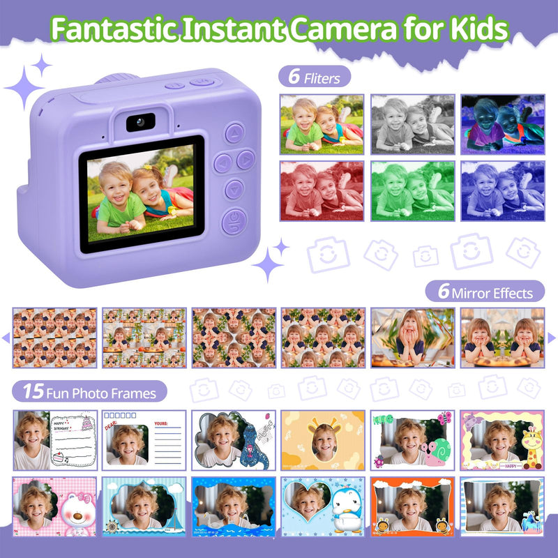 Kids Camera Instant Print Portable Dual-Lens Selfie Cameras with Print Paper & 32G Card, Photo 1080P HD Toddler Digital Printing Camera for 4 5 6 7 8 9 10 Years Old Girls Boys, Purple