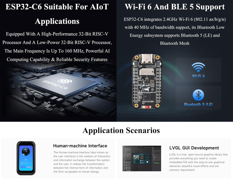 ESP32-C6 1.47inch IPS Touch Display Development Board, 172x320 Resolution, 262K Display Color, Supports W-i-F-i 6/BLE 5, 160MHz RISC-V Processor,Smoothly Run GUI Programs, with Pre-soldered Header