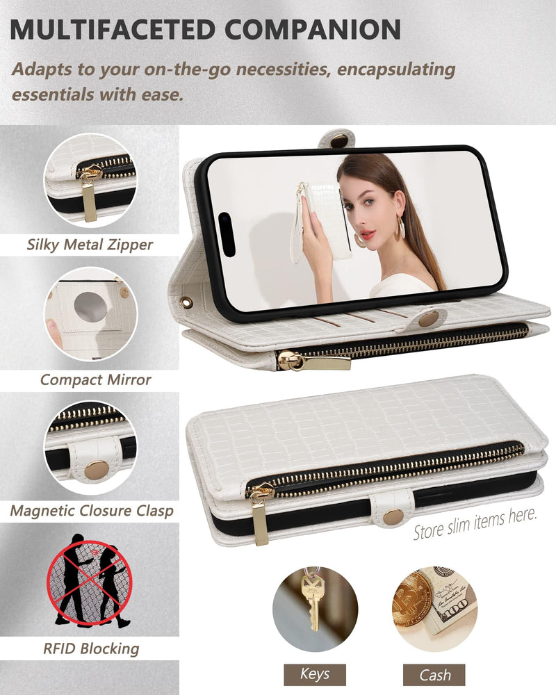 Wallet Case for iPhone 15 Pro Max with Mirror Zipper Magnetic Closure RFID Blocking Card Holder, Wristlet & Crossbody, PU Leather Shockproof Wireless Charging 6.7" Women Men (White) White