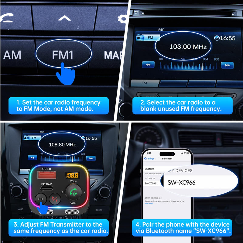 Syncwire Bluetooth 5.4 FM Transmitter Car Adapter 54W (PD 36W & 18W) [Stronger Dual Mics] [Light Switch] [HiFi Bass Sound] [Fast Charging] Wireless Radio Receiver Hands-Free Calling LED Display Black