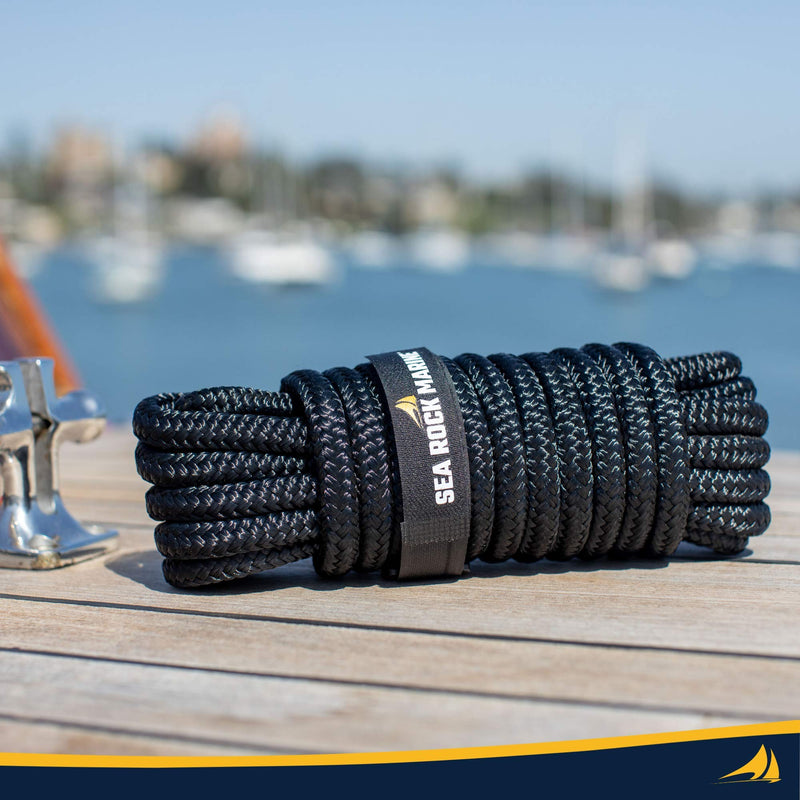 Premium Double Braided Nylon Dock Lines w 12” Eyelet & Bundle Ties - For Boats, Marine Rope, Boat Accessories - Black Black - 2 Pack 15' x 3/8"
