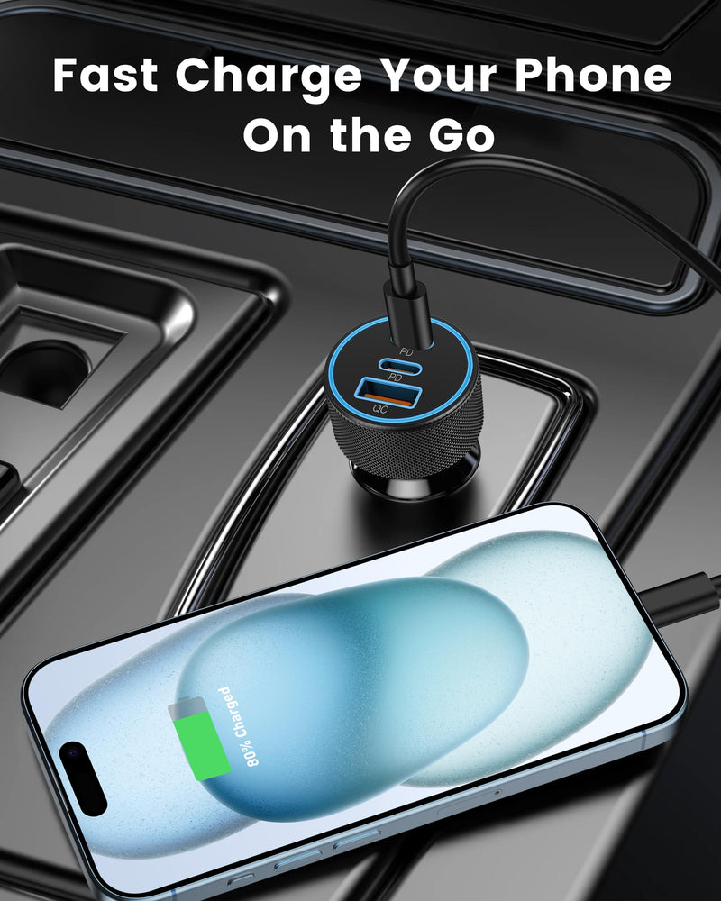 USB C Car Charger, 3-Port 67W Dual USB-C & USB-A Car Power Adapter PD/QC Fast Charging Cigarette Lighter for iPhone 15/14/13/12/11/Pro Max, iPad, Samsung Galaxy S24/S23/S22/S21, Google Pixel, Android