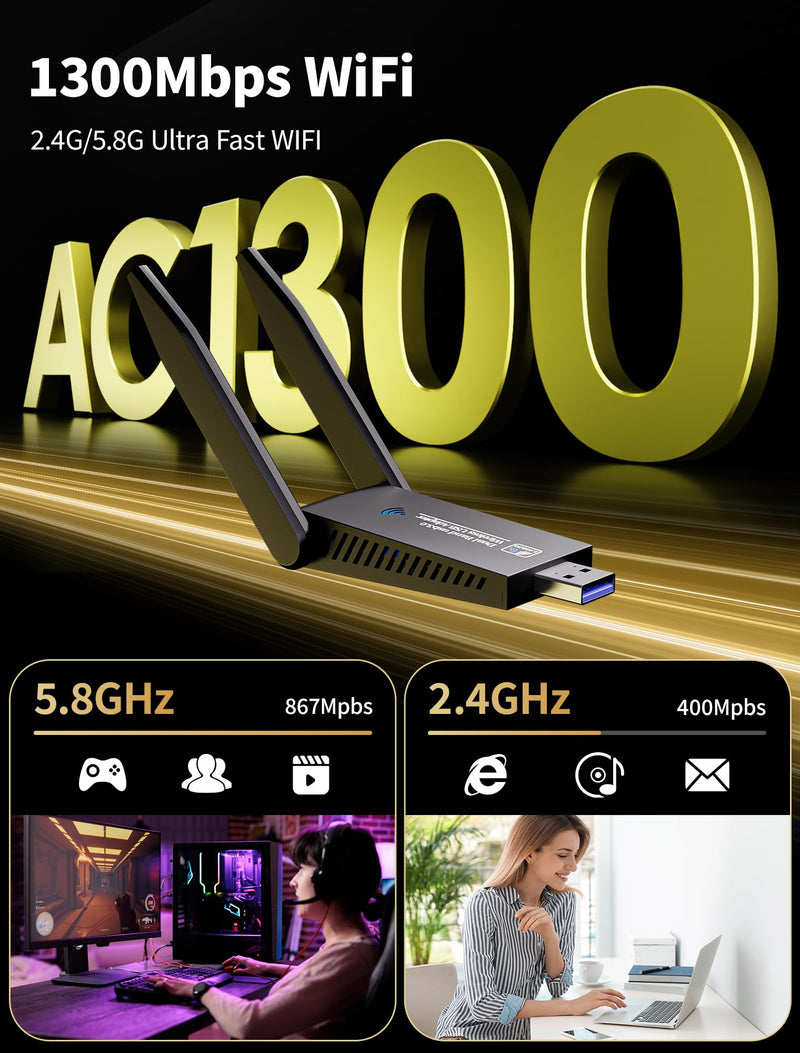 AC1300 USB WiFi Adapter for Desktop PC, Dual Band USB-WiFi 1300Mbps High Speed Wireless Network Adapter 5GHz/2.4GHz with High-Gain Antennas Compatible with Windows 11/10/8/7 macOS 10.9-10.15