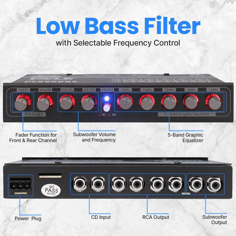 PyleUsa 5 Bands Graphic Equalizer with SUB Volume Adjustable for Subwoofer Channel, Built in Bluetooth for Wireless Music Streaming, Stereo RCA Output, Aux RCA Input, Mounting Hardware Included 5 Band