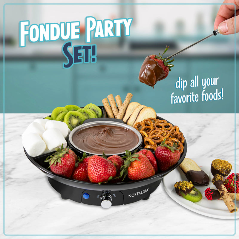 Nostalgia Electric Fondue Party Set – 10 oz Melting Pot, 4 Roasting Forks, & Detachable Serving Tray – Melted Cheese, Chocolate, or Dessert – Perfect for Gifts, Parties, Date Night – Black 10 Ounce Black