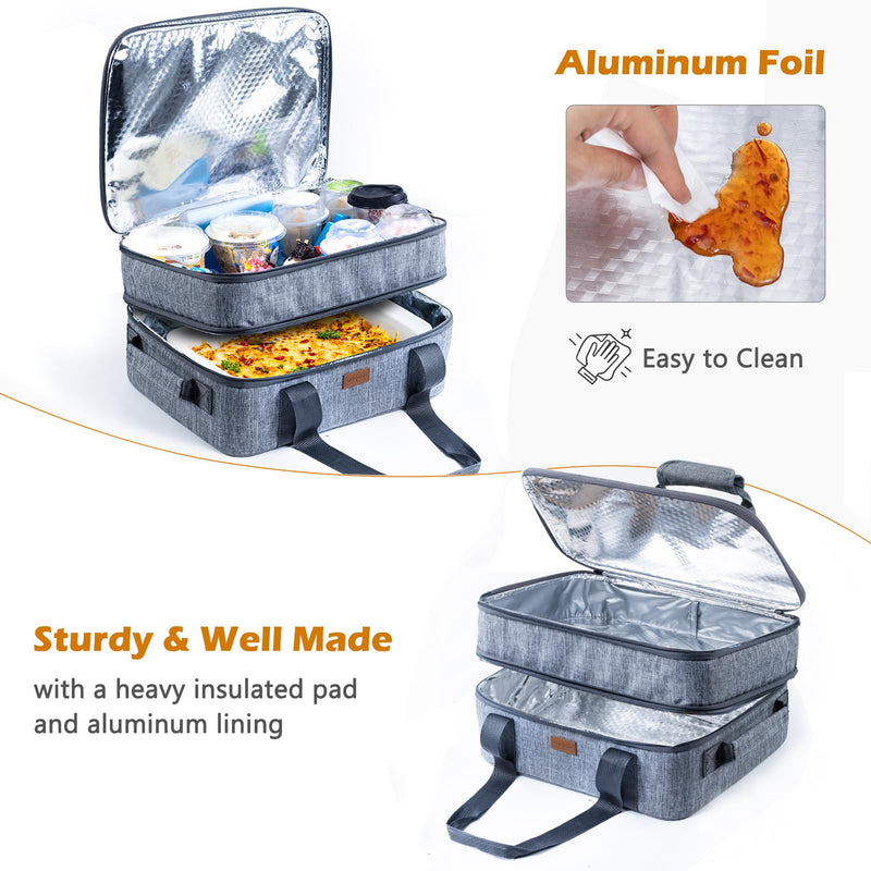 BAGSPRITE Expandable Insulated Casserole Carrier for Hot or Cold Food, Casserole Dish Carrying Case,Thermal Lasanga Lugger Tote for Pockluck, Parties, Picnic, Fits 9" x 13" Baking Dish, Grey Expandable Double Layers