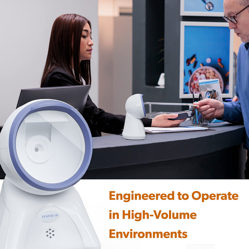 Ambir DB100 Hands Free Plug & Play Omni-Directional Desktop USB 1D, 2D and QR Barcode Scanner - White/Blue
