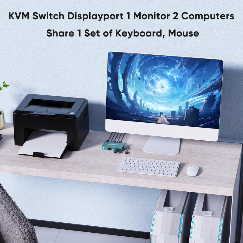KVM Switch 1 Monitors 2 Computers Displayport 8K@60Hz, USB3.0 KVM Switch Displayport with 3 USB 3.0 Ports EDID Adaptive Sharing Mouse Keyboard and Monitor Plug and Play 2 IN 1 OUT