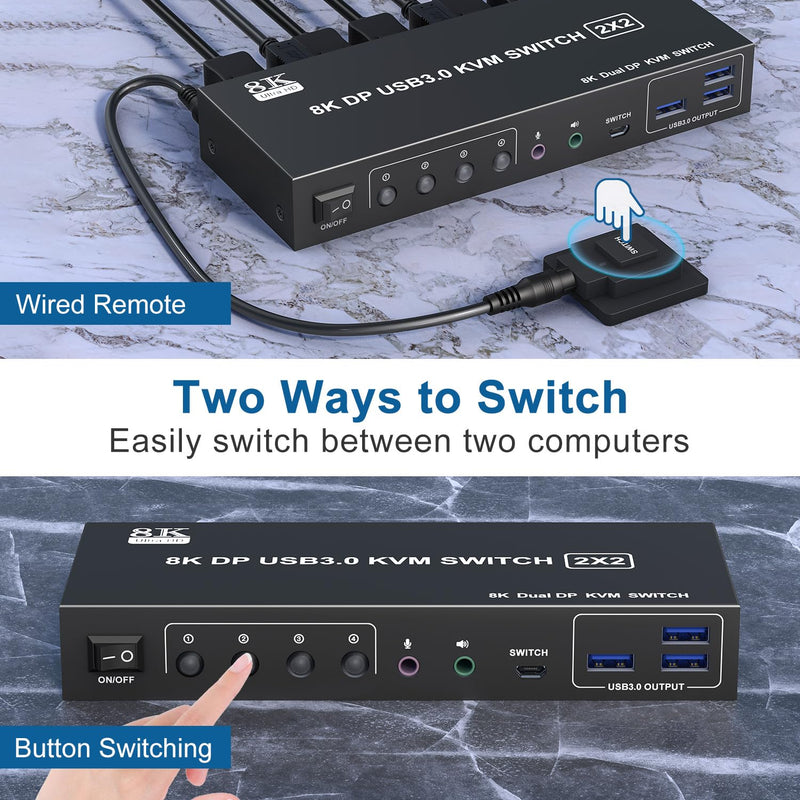 Displayport KVM Switch 2 Monitors 2 Computers with Audio Jack - 8k@60HZ 4K@144Hz Dual Monitor Kvm Switch with 3 USB 3.0 Port Sharing Keyboard Mouse, Included Wired Remote 2 Cables Displayport Switch