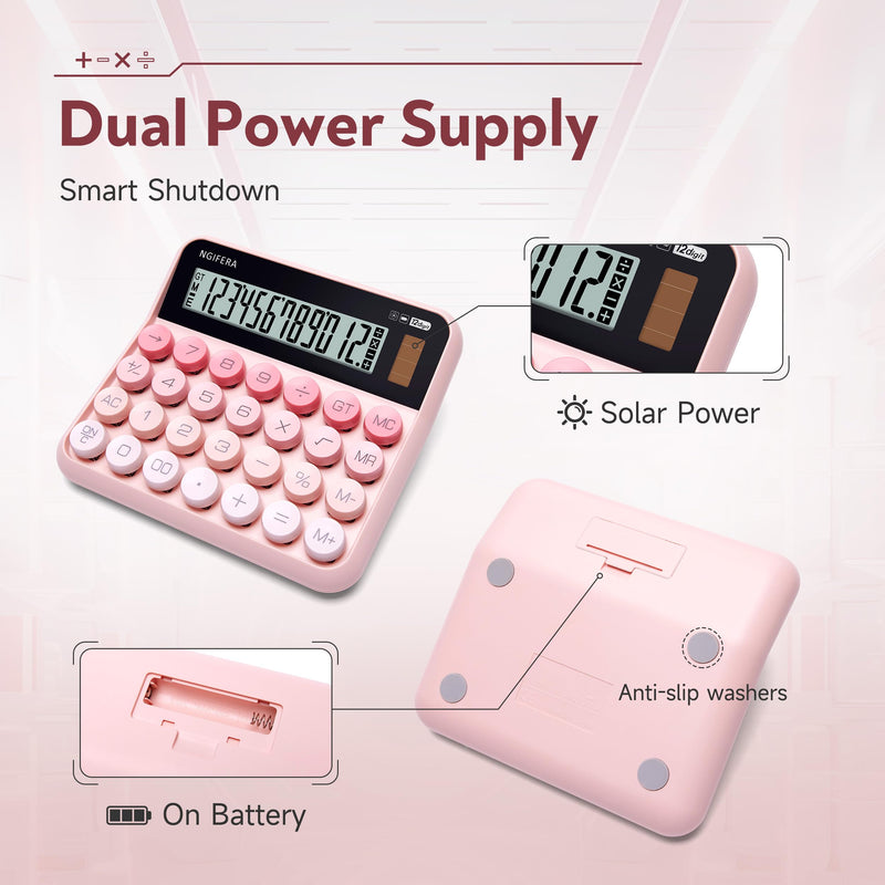 Mechanical Calculator,12 Digits, Large LCD Display,Big Buttons,Solar and Battery Dual Power Mechanical Keyboard Desktop Pink Calculators,Cute and Aesthetic (Pink, Large) Pink Gradient