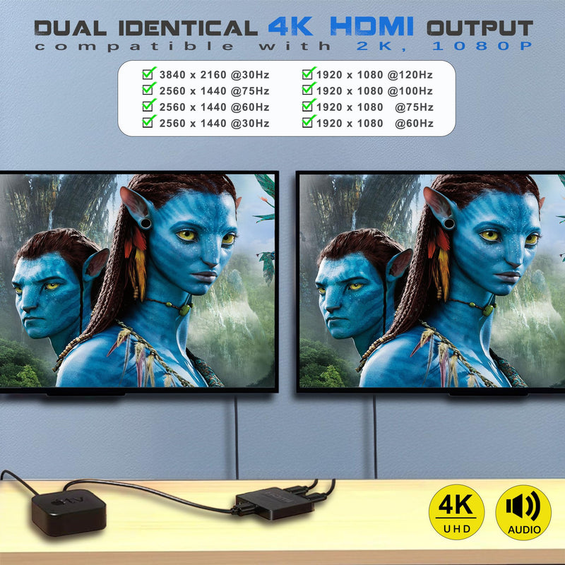 HDMI Splitter 1 in 2 Out 4K with Audio Synchronization, HDMI Hub HDMI Splitter for Dual Monitors Mirror Display Laptop for MacBook PC Desktop, Dual HDMI Adapter for 2 Monitor Displays Multi-Screen