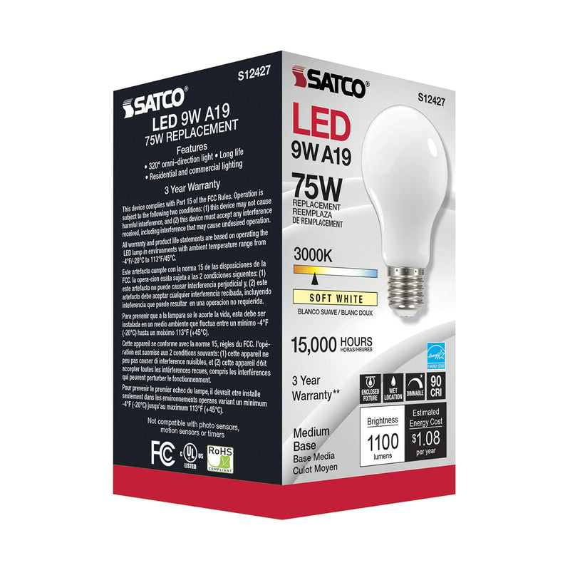 Satco (6 Pack Dimmable Led Filament Lamps, S12427, High Lumens, 11 Watt, A19; Soft White; Medium Base; 3000K; 90 CRI; 120 Volt for use at Residential, Hospitality, Display and Commercial