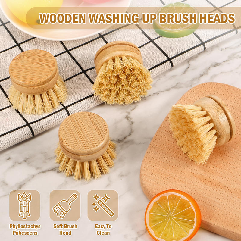 Bamboo Dish Brush - 6 Replacement Heads, Soft Sisal Bristle Scrubber, Brush for Kitchen Cleaning