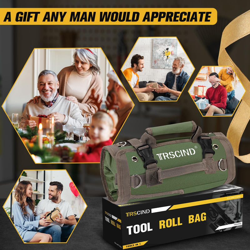 Tool Bag, Roll Up Bag, Tool Organizer with Detachable Pouches and Wrench Roll, Heavy Duty Tool Pouch, Gifts for Men Dad Fathers Day, Portable Tool Box for Motorcycle, Car, Electrician, Mechanic（Green） ARMY GREEN