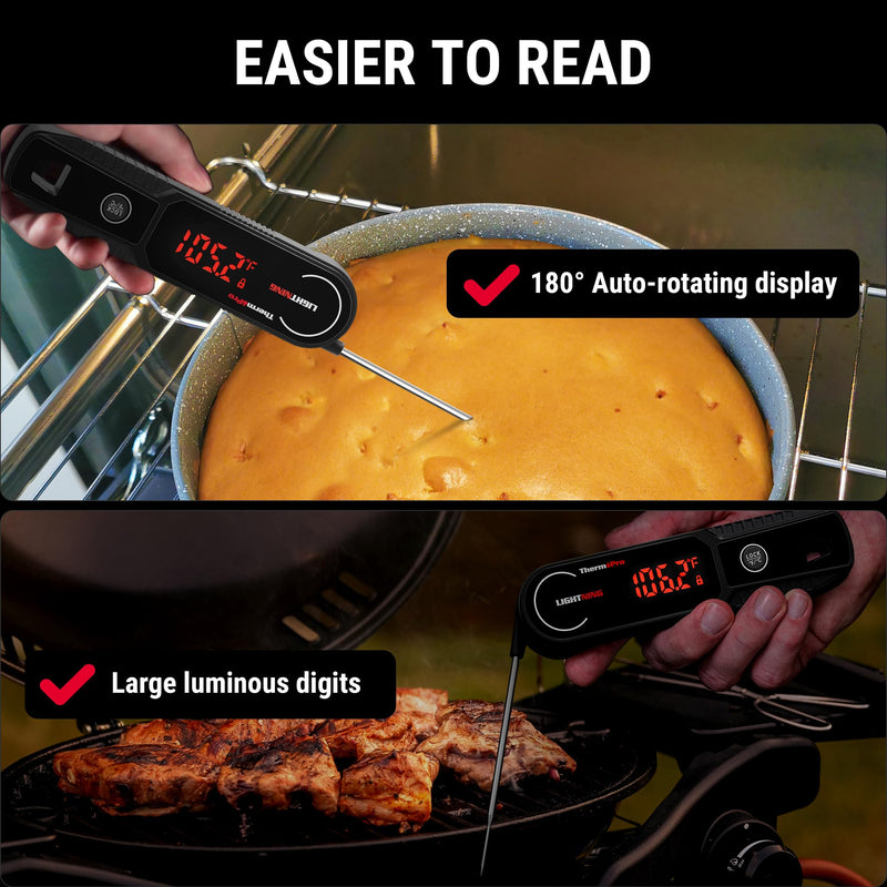 ThermoPro Lightning 1-Second Instant Read Meat Thermometer, Kitchen Food Thermometer with Auto Wake/Sleep/180° Rotating Display, Waterproof Cooking Thermometer for Oil Deep Fry Smoker BBQ Grill Black