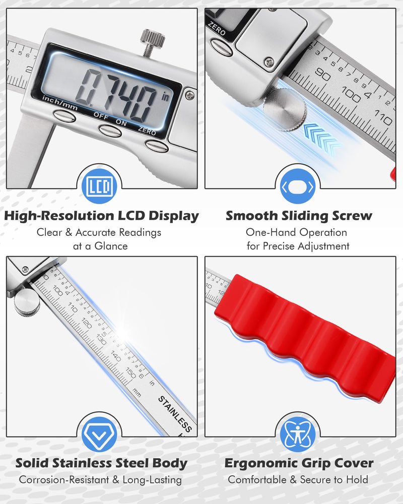Brake Rotor Measuring Tool, Digital Caliper for Disc Brake Thickness, Rotor Gauge - No Wheel Removal, 6” Stainless Steel Vernier Rotor Micrometer, Large LCD, Inch/Metric Modes, Silver