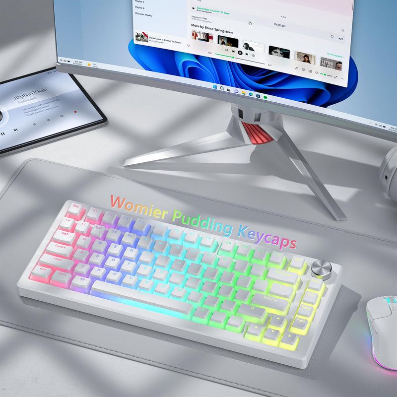 Womier Pudding Keycaps, White PBT Keycaps 100 Percent Keyboard 130 Keys, Shine Through Keycaps, Custom Keyboard Keycaps OEM Profile for 100%, 75%, 65%, 60% MX-stem Switches Keyboard-White