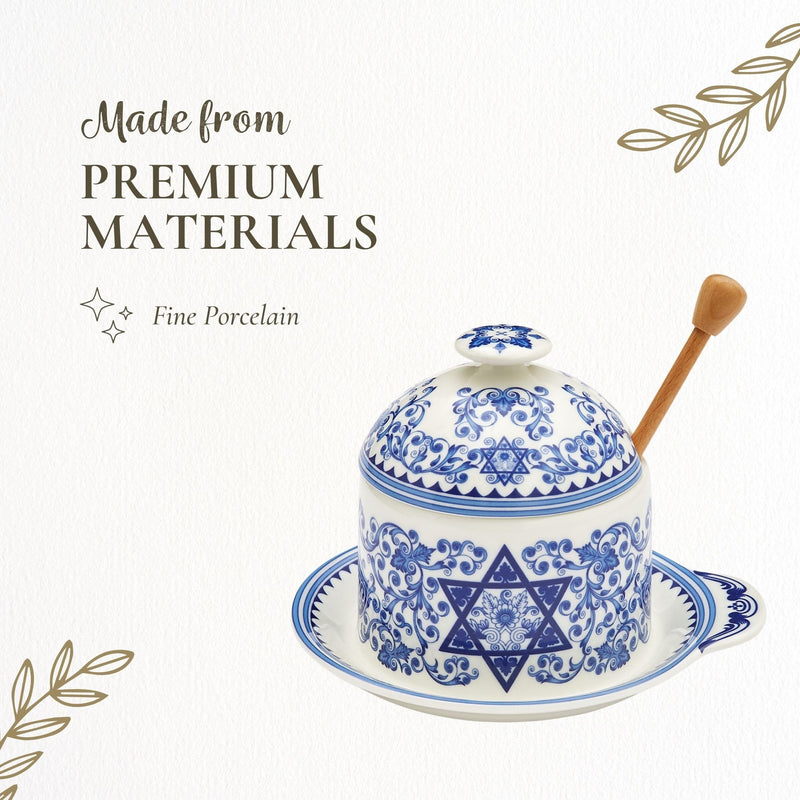 Spode Judaica Honey Pot with Drizzler - 10.5 oz Fine Porcelain Jar with Lid & Wood Dipper, Rosh Hashanah Gift for Holiday Tables - Great for Hanukkah, New Year, Thoughtful Hostess Present