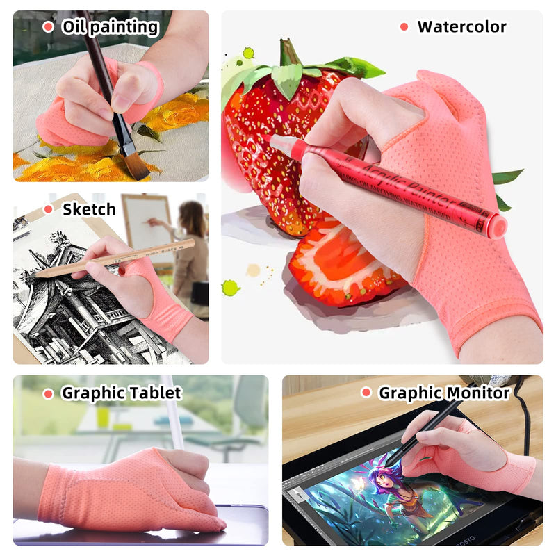 Artist Drawing Glove 3-Layer Palm Rejection [2 Pack] Right Left Hand Digital Art Graphic Tablet Gloves 2-pack Pink Gloves