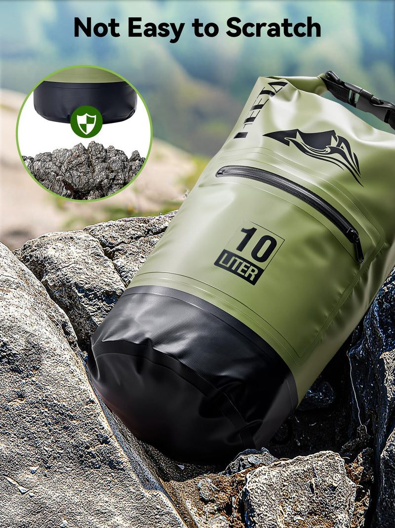 HEETA Waterproof Dry Bag with Front Zippered Pocket for Women Men, 5L/10L/20L/30L/40L Roll Top Lightweight Dry Storage Bag Backpack for Travel, Kayaking, Boating, Rafting, Camping, Hiking & Beach Green 10L