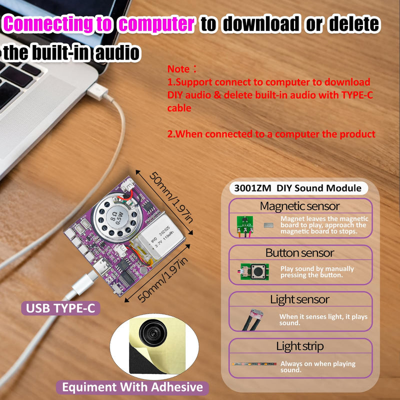 Sound Module, 16MB Push Button, Magnetron, Light Control Activated Recordable Voice Sound Chip Module with LED Light Strip, Speaker, for Greeting Card Audiobook, Xmas Presents Boxes, Kids's Toys.