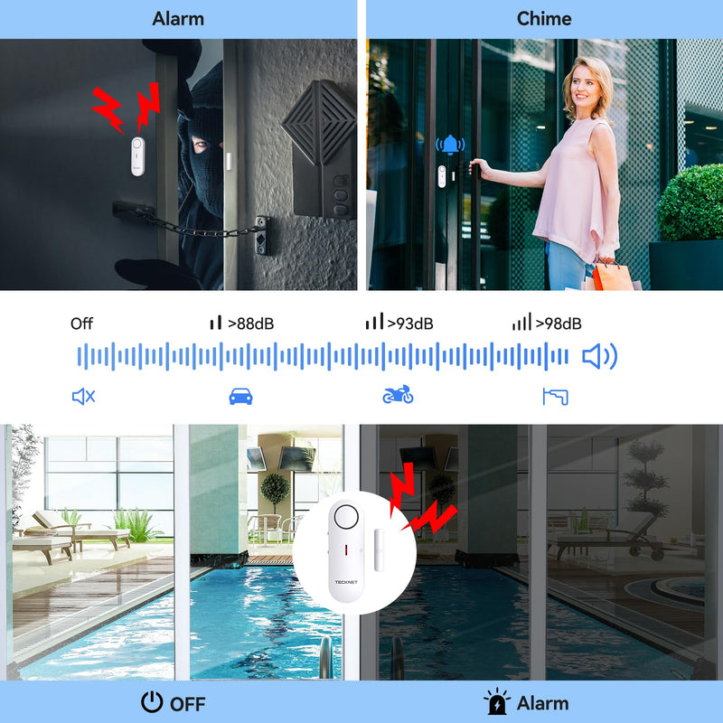 TECKNET Door Alarms for Kids Safety, Window Alarm Pool Alarms Door Alarm for Home Security, 2-in-1 Alarm & Chime, 3-Level Volume Control, Wireless Alarm for House Hotel Cars Sheds Caravans (6 Pack) 6 PCS