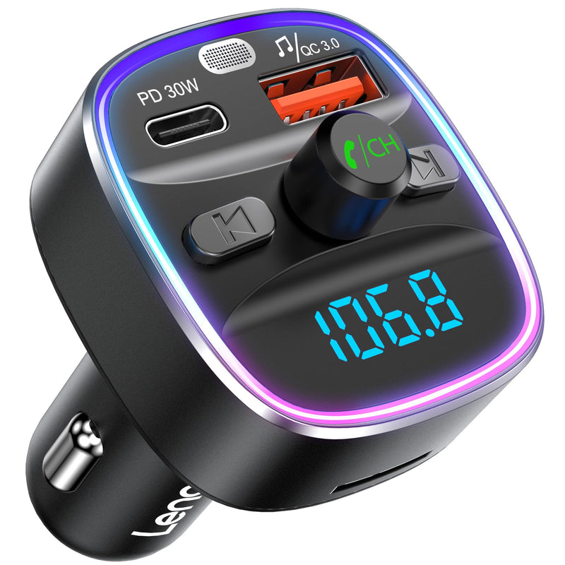 LENCENT Bluetooth 5.4 FM Transmitter Car Adapter 48W [PD 30W & 18W] [7 Color Light] [Fast Charging] Wireless Radio Music Adapter Hands-Free Calling, Support USB Drive & TF Card Colorful-48W