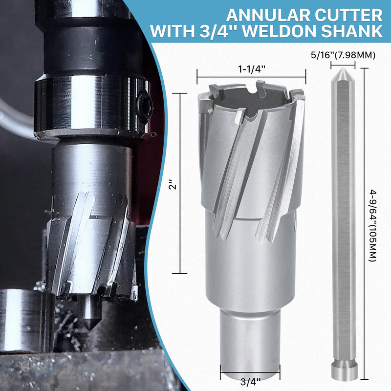 KEENTECH Carbide-Tipped Annular Cutter, 1-1/4" Diameter x 2" Depth, 3/4" Weldon Shank (2 Flat), High Speed Cutting TCT Mag Drill Bit with Pilot Pin for Harder Material, Stainless Steel, Cast Iron 1-1/4" Dia * 2" Depth
