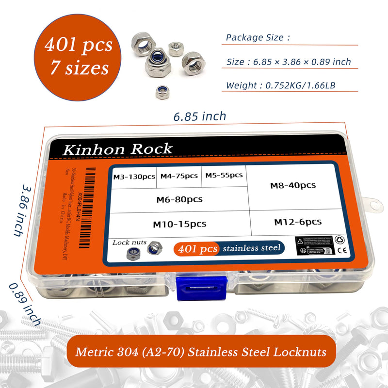 401pcs Metric Nylon Insert Lock Nuts Assortment Set DIN 985 304 Stainless Steel Nylon Locknuts Hex Locknuts Kit with Box M3 to M12 Reusable Anti-Loose Corrosion-Resistant for RC Car DIY 401pcs Assortment Set