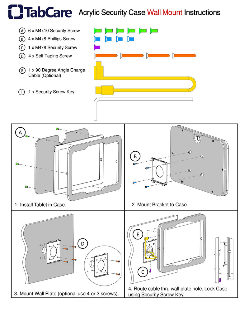 TABcare Anti-Theft Acrylic VESA Enclosure for Apple iPad 2/3/4 9.7" with Free Wall Mount Kit & 90-Degree Angle Charge Cable (iPad 2/3/4 9.7", White) iPad 2/3/4 9.7"