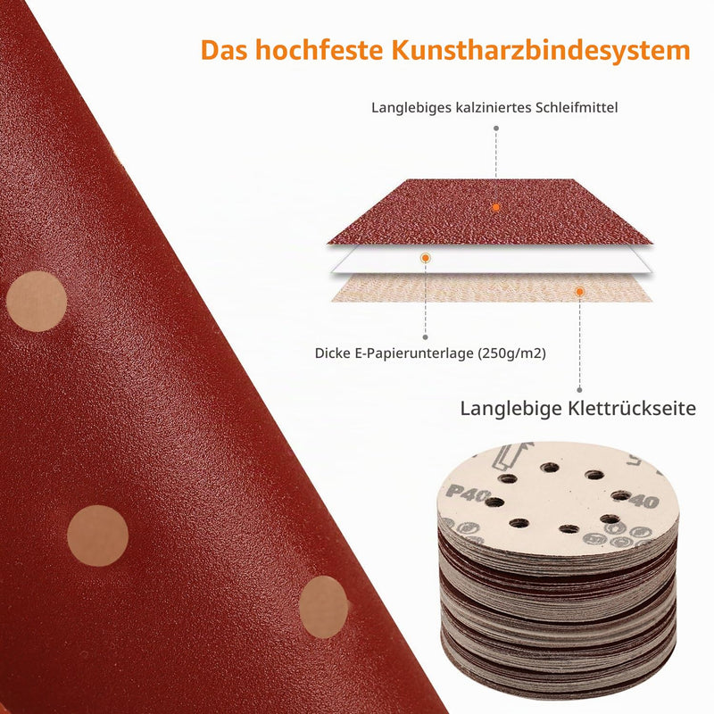SPTA 100-Piece 125mm 40/80/120/180/320/400/600/800/1500/2000 Sanding Discs Velcro Sanding Sheets Sanding Papers Excenter Sander Grit x10 8 Holes for Orbital Sanders