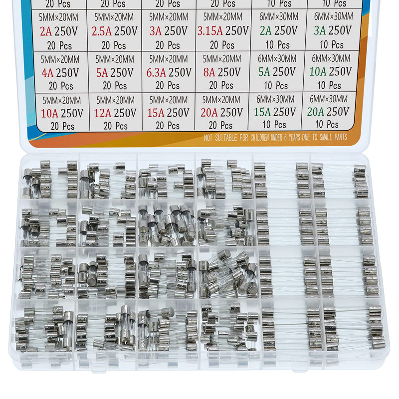 AUKENIEN 24 Values 400 Piece Glass Fuse Set 5 x 20 mm 0.25A 0.5A 1A 1.6A 2A 2.5A 3.15A 4A 5A 6.3A 8A 10A 12A 15A 20A 250V 6.3x32 6x30 mm 0.5A 1A 22 A 3A 5A 5A 10A 15A 20A Glass Fuses Assortment