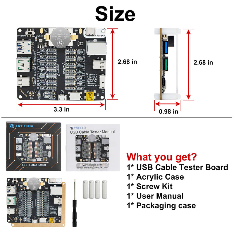 Treedix USB Cable Tester Board USB Cable Checker Data Wire with Acrylic Case Charging Test Data Line Type-C Micro Type A Type B USB Cable Checker with Acrylic Case