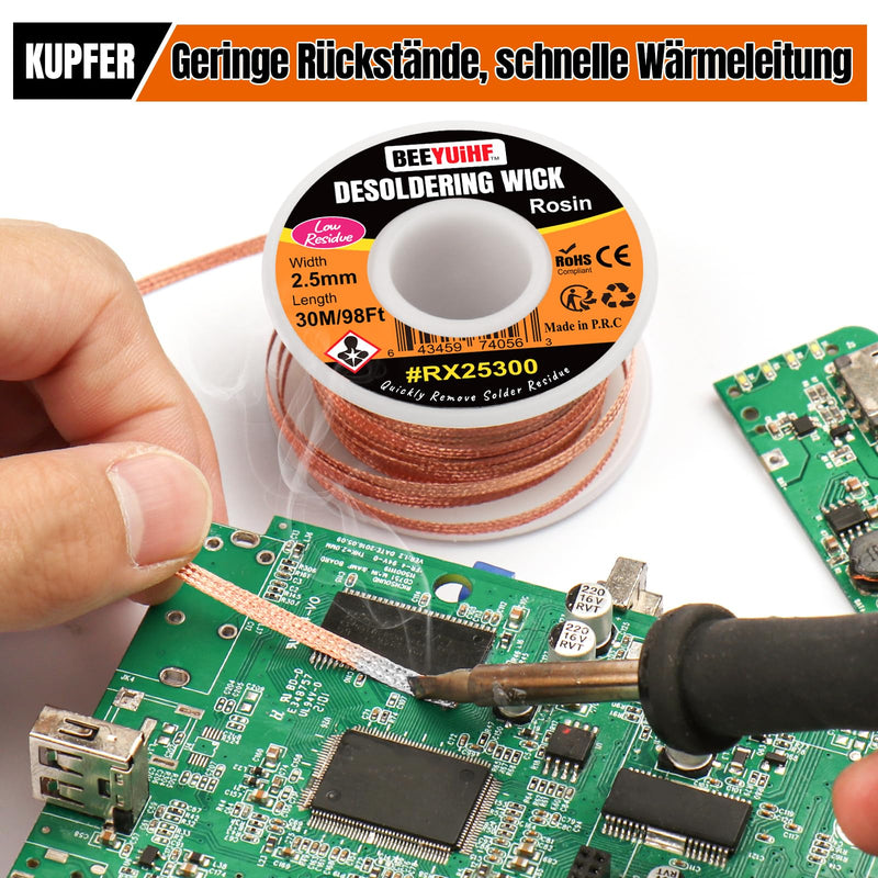 BEEYUIHF Desoldering Braid, 30M - 98ft Desoldering Wire, 2.5mm No-Clean Solder Desoldering Braid, Wicks Strands for Desoldering, Desoldering Wick for Removing Solder for Disassembling Electrical Components 30m Spool 30M - 98ft Length