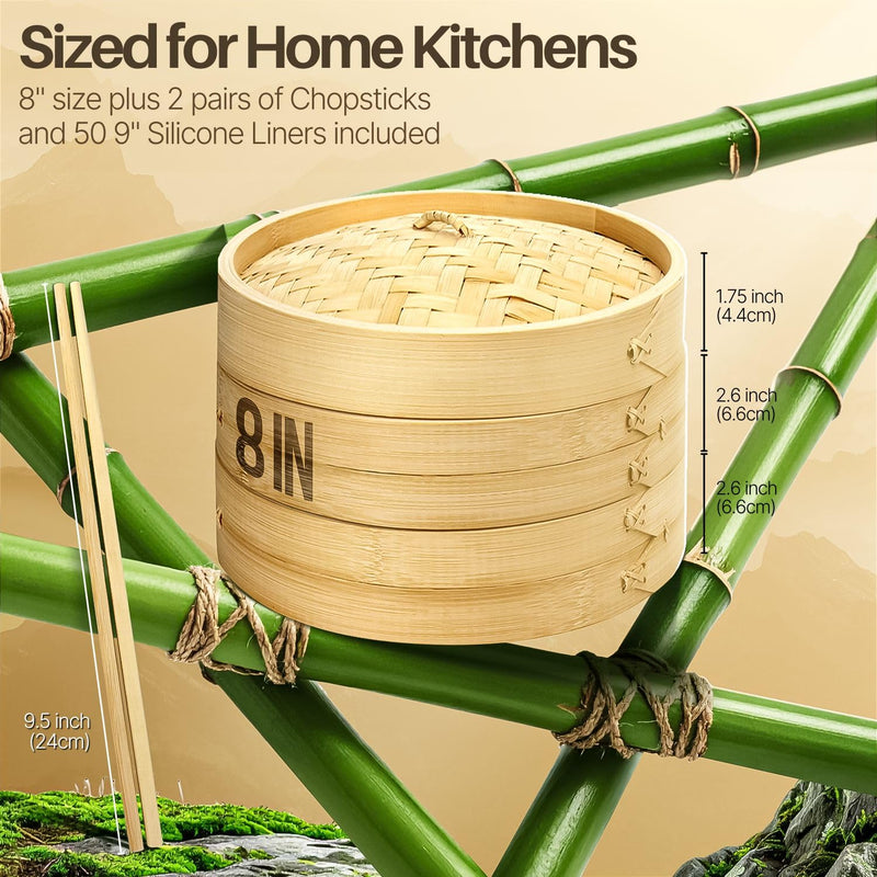 Flexzion Bamboo Steamer Basket Set (8 inch), 50 x Steamer Liners and 2 Pairs of Chopsticks, Steam Baskets for DimSum Dumplings, Rice, Vegetables, Fish and Meat 8 Inch