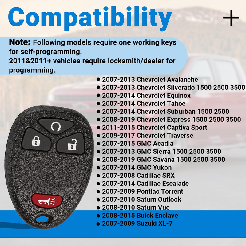 Keyless Entry Remote Car Key Fob Compatible with Chevy Silverado Avalanche Captiva Tahoe Traverse, GMC Sierra Acadia Yukon, 2007-2015 Remote Start Replacement OUC60221, OUC60270 (4-BTN)