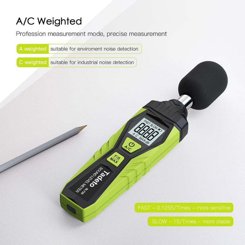 Sound Level Meter, Tadeto Digital Portable Sound Level Meter 30dB to 130dB with LCD Display A/C Weighted for Home Workshops, Green
