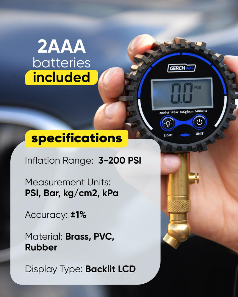 Digital Tire Pressure Gauge for Cars - Accurate Air Pressure Gauge for Tires with 360° Swivel Chuck - 200 PSI 200 PSI Digital