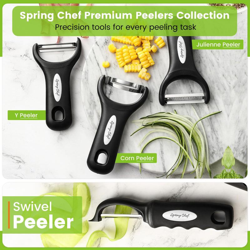 Spring Chef Premium Swivel Vegetable Peeler, Soft Grip Handle and Ultra Sharp Stainless Steel Blades - Perfect Kitchen Peeler For Veggie, Fruit, Potato, Carrot, Apple - Black - Set of 2
