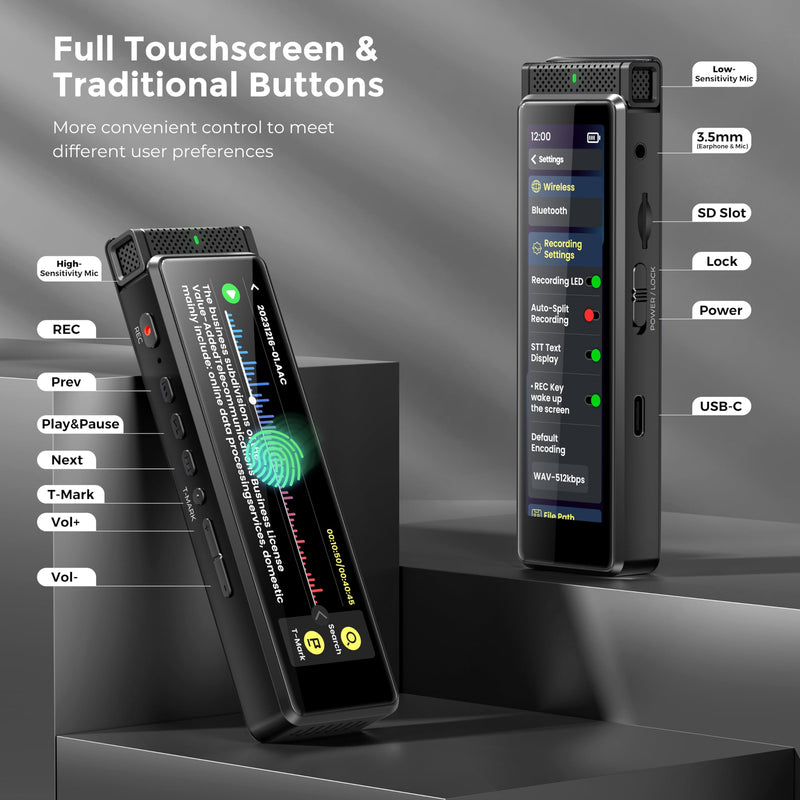 136GB Digital Voice Recorder with Playback, Innioasis R1 Full Touchscreen Voice Recorder with AI Intelligent Transcription and Bluetooth, Voice Activated Sound Audio Recorder Device with Mic (Black) Black 136GB